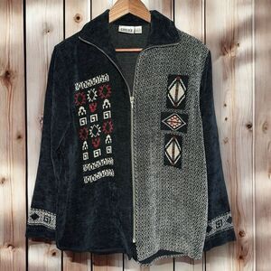 Vintage Chico's Design Jacket Size 1 (M) NWOT Velvet Navy 90s Aztec Tribal Print